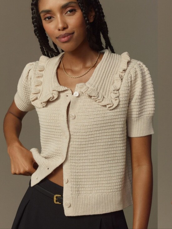 Anthropologie Sweaters - ANTHROPOLOGIE Self Contrast Ansley Ruffle Collar Knit Cardigan Neutral S NWOT